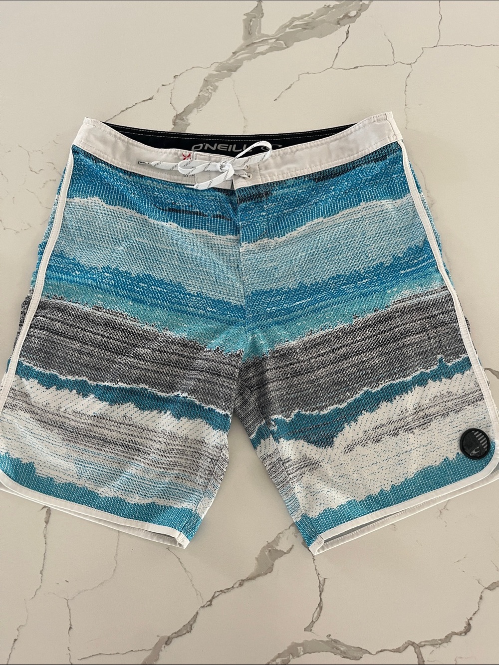 O'Neill Men's Teal and Gray Striped Board Shorts
